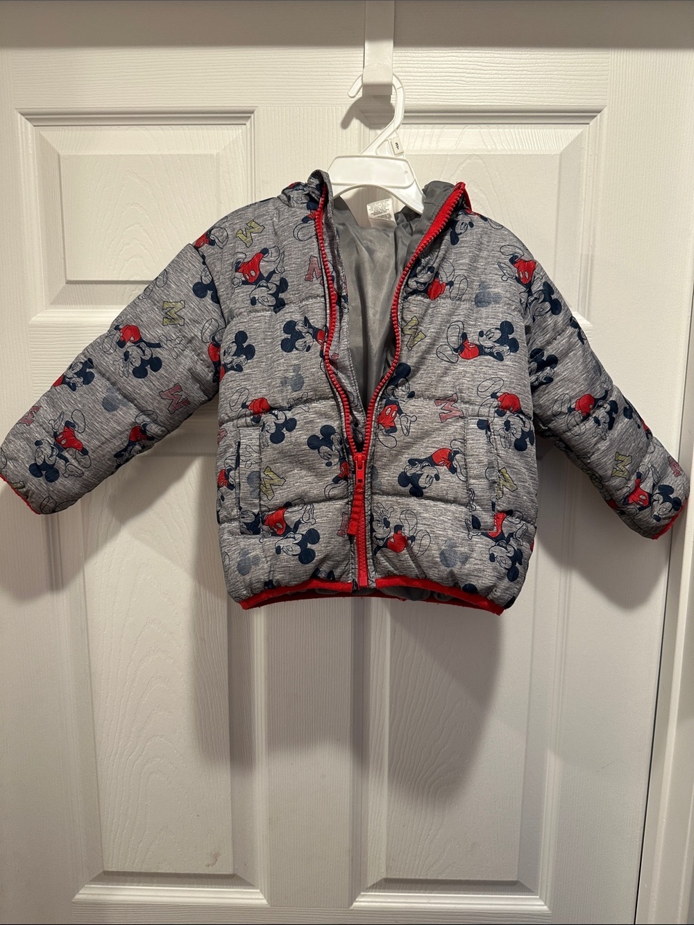 Disney Gray Puffer Jacket with Red Trim and Mickey Print